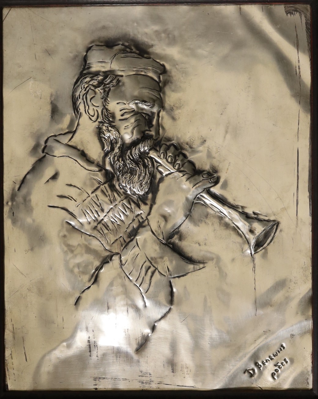 Two embossed metal figural panels, Greek or Russian, signed, 29 x 23cm excl frame